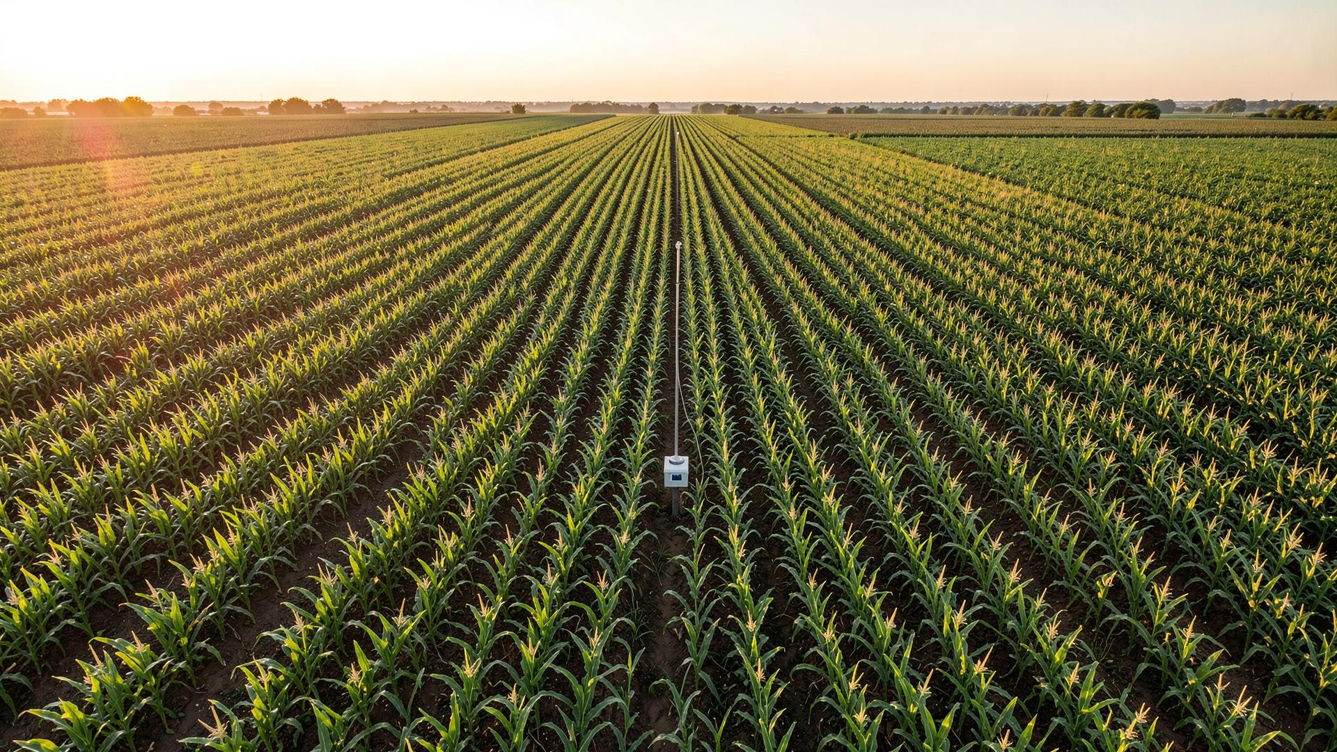Aerial view of a corn field with a soil nitrogen sensor station between crop rows